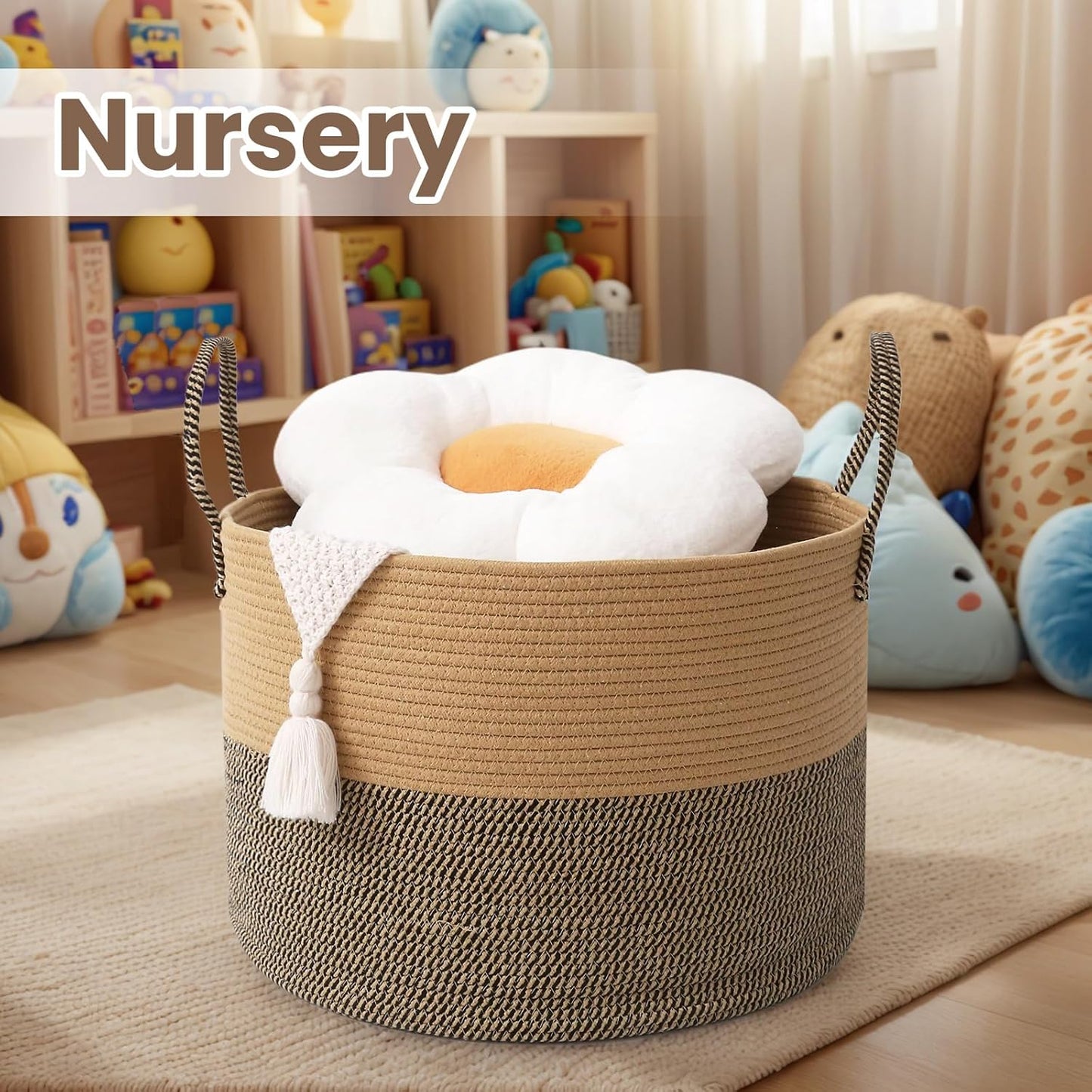Woven Blanket Basket,65L Large Rope Storage Bin with Handles, Organizer for Blankets Toys Book and Clothes, Laundry Basket for Living Room Bedroom Nursery,Jute&Black