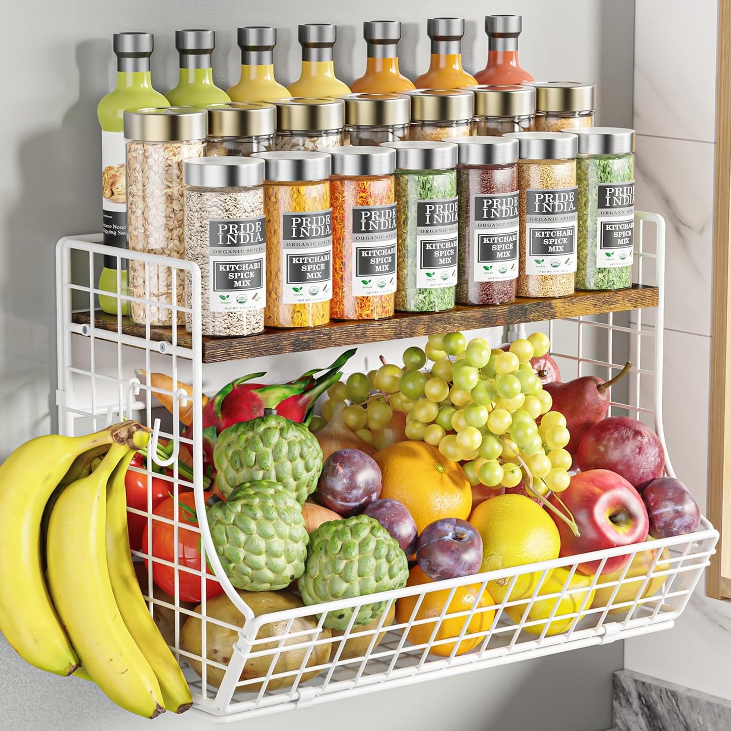 Magnetic Shelf for Fridge with Wood Lid, Fruit Potato and Onion Storage Bins, Pantry Organizers and Storage, Strong Magnetic Spice Rack for Refrigerator, Kitchen Counter and Laundry Room (Large)