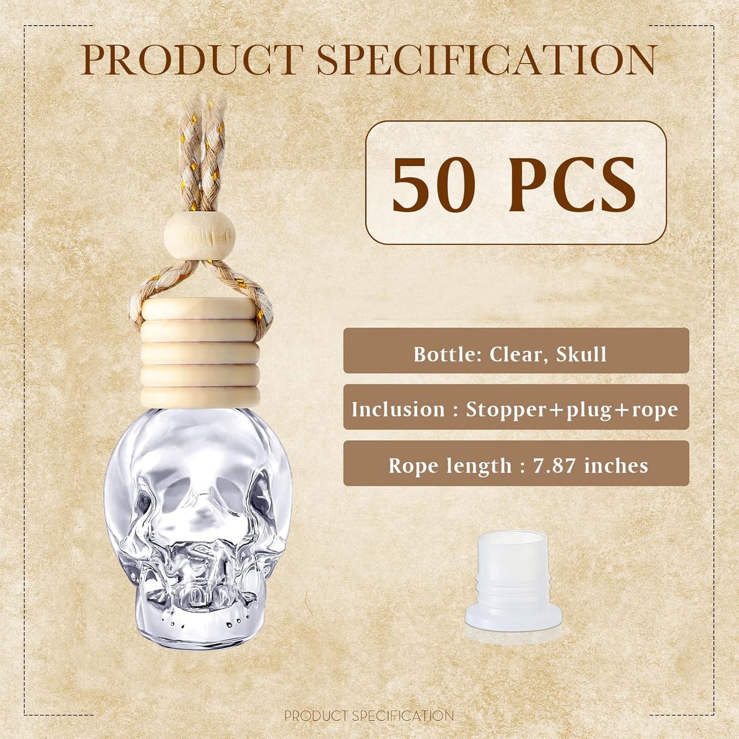BBTO 50 Pcs Hanging Car Air Freshener Car Diffuser Bottles Empty Glass Perfume Bottle Freshener Diffuser Bottle Pendant for Essential Oil Fragrance Aromatherapy Bottle Ornament(Skull)