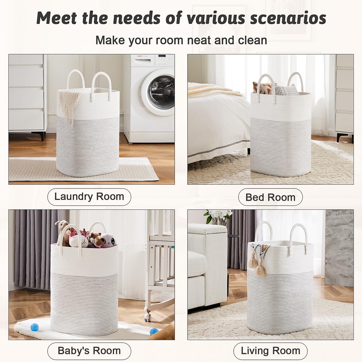 Laundry Basket,Woven Cotton Rope Laundry Hamper,Versatile Storage for Dirty Clothes,Baby Toys,and Blankets in Bathroom, Nursery,and Living Room (White, 60L)