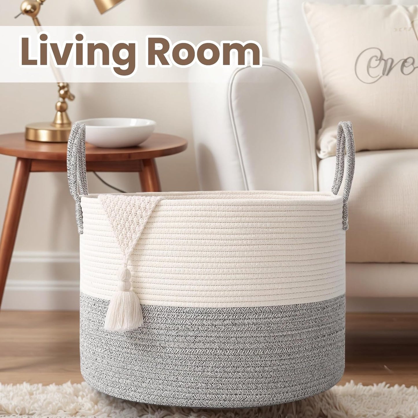 Woven Blanket Basket,65L Large Rope Storage Bin with Handles, Organizer for Blankets Toys Book and Clothes, Laundry Basket for Living Room Bedroom Nursery,White&Grey