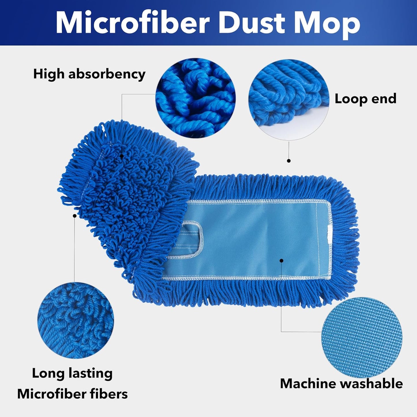 Matthew 24'' Microfiber Loop Dust Mop Washable Commercial&Residential Heavy Duty Mop Head Replacement Premium Absorbent Industrial Dust Mop Refill Pads for Hardwood, Office,Garage and Hotel -1Pack