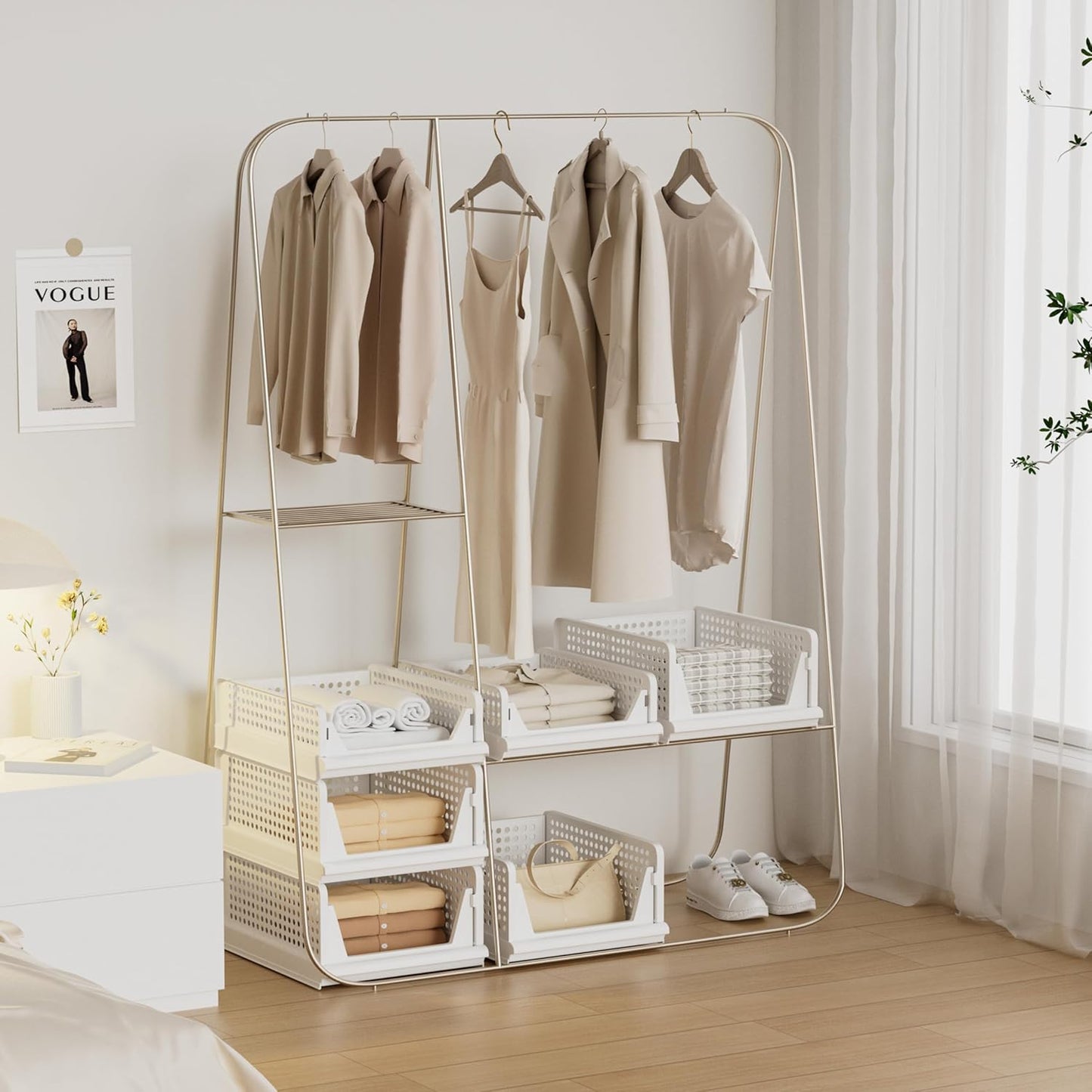 Proarea 4 Pack Stackable Plastic Storage Basket Closet Organizer Bin Foldable Clothes Organizer Storage Drawer Shelf Container for Living Room Bathroom Kitchen Office (4S)