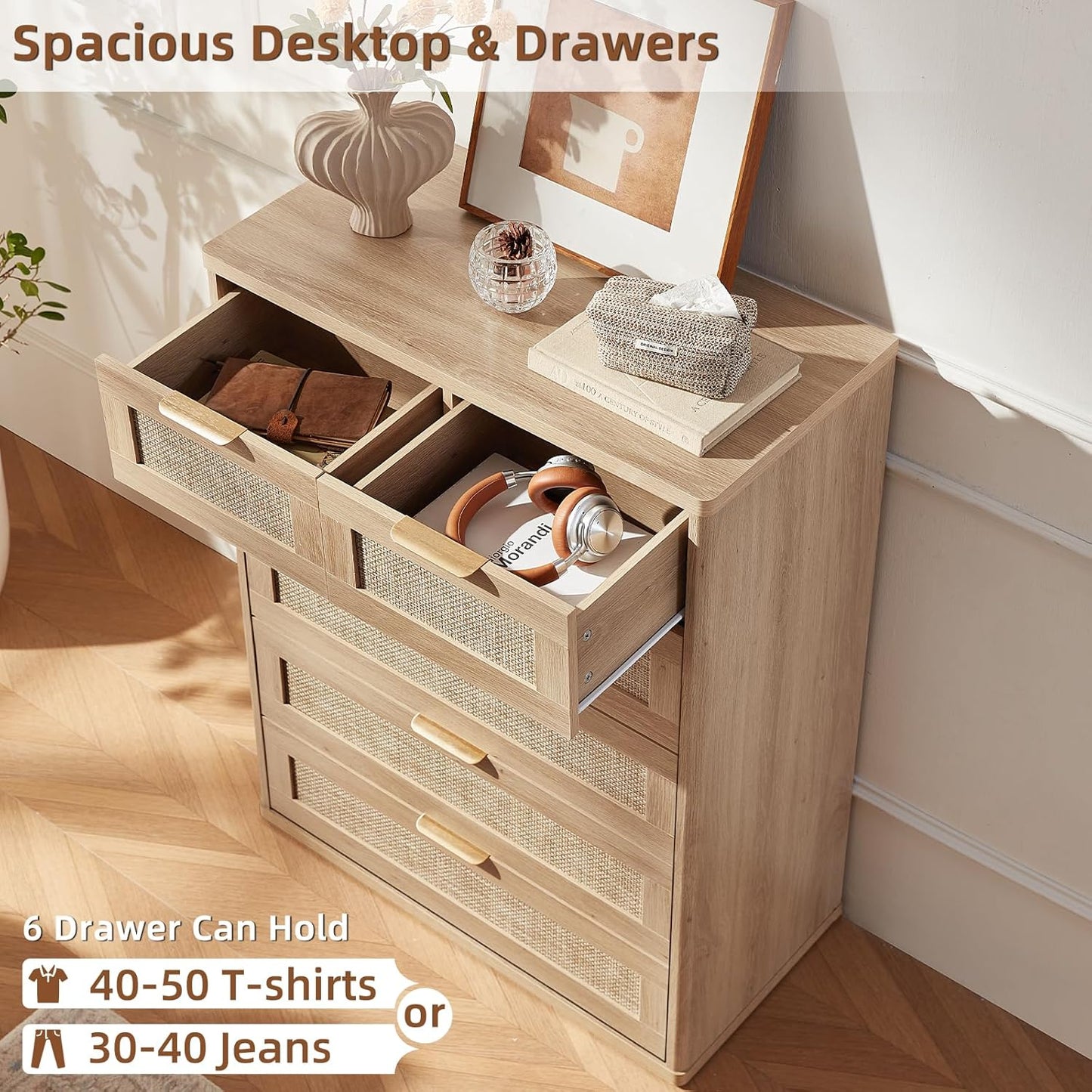 LEYAOYAO Rattan Dresser for Bedroom, 42" Tall Chest of Drawers, Modern 6 Drawers Boho Dressers with Storage, Light Oak Dresser Wooden Closet Organizer for Living Room, Hallway, Natural Wood