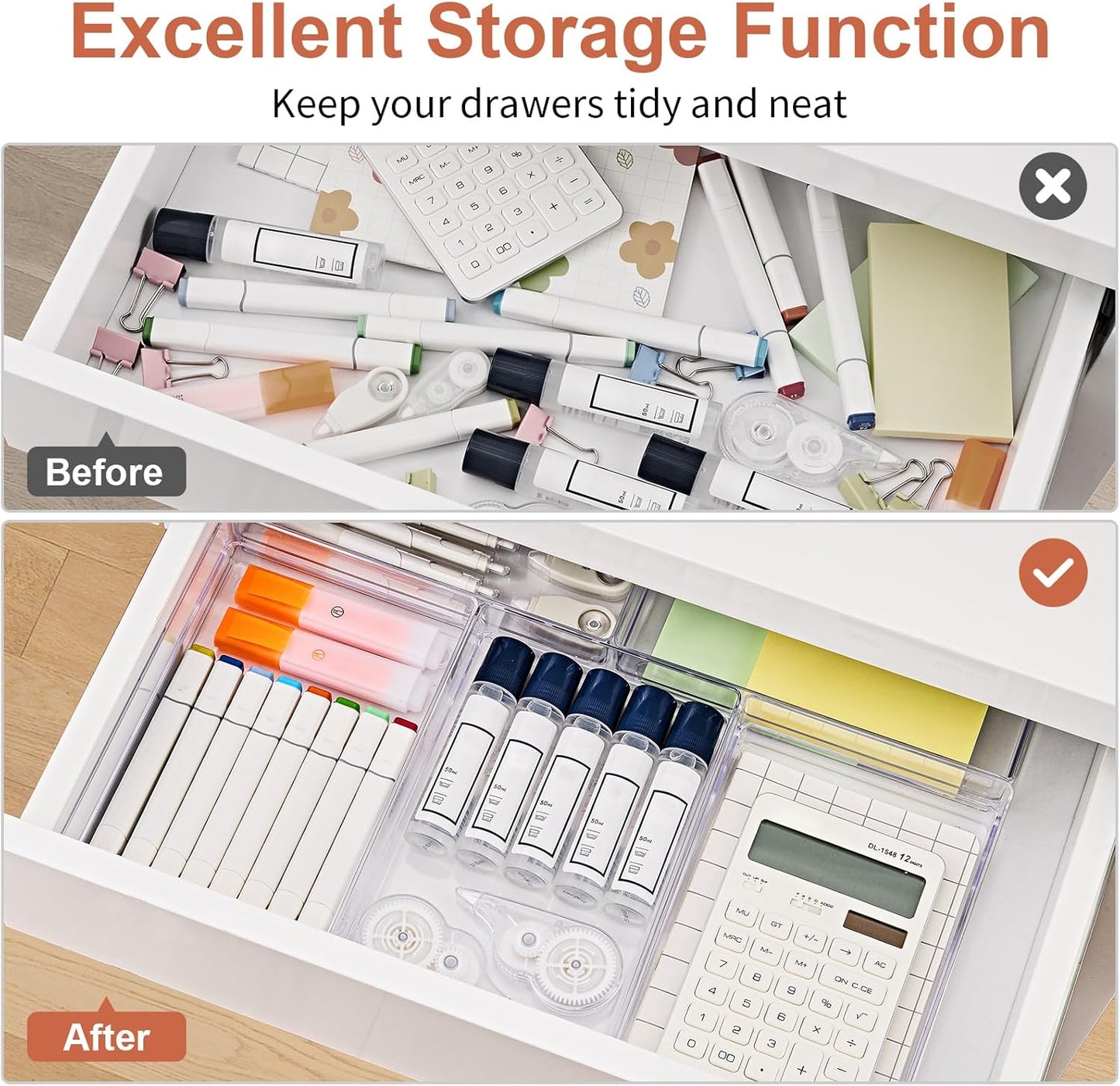 SMARTAKE 6 PCS Clear Plastic Drawer Organizers Set, Large Size Non-Slip Desk Drawer Organizer, Versatile Bathroom and Vanity Drawer Organizer Trays for Makeup, Bedroom, Office, Kitchen Utensils