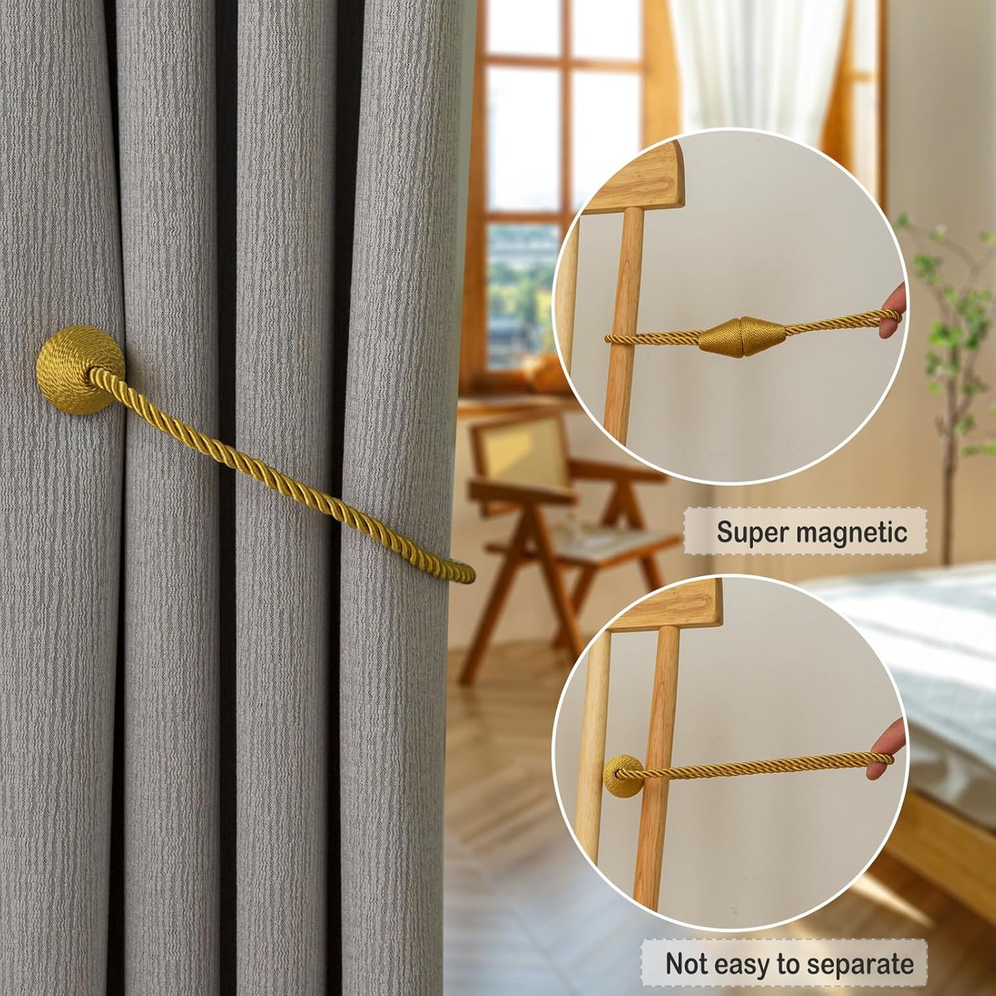 Magnetic Curtain Tiebacks 2 Pack Outdoor Rope Curtain Tie Backs Decorative Window Treatment Holdbacks for Home Decorative Curtain, Gold