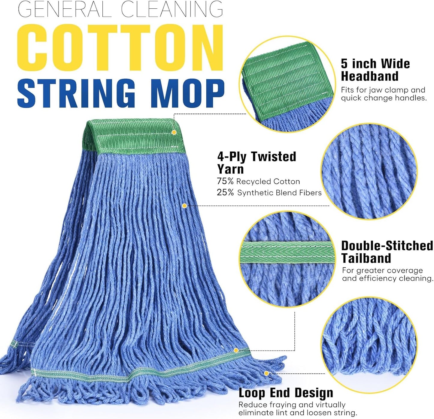 Matthew Cleaning Commercial Mop Head Replacement, 5 Inch Wide Headband, Looped End Cotton Blend String Wet Mops for Floor Cleaning, 18 oz Medium, 3-Pack Blue