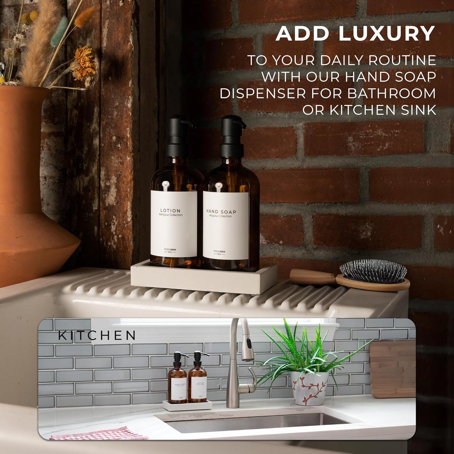 MaisoNovo Soap Dispenser 3-Piece Set | 16.9oz Amber Bottles with Black Stainless Steel Pumps