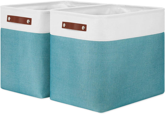 DULLEMELO Extra Large Storage Baskets, Fabric Storage Bins for Organizing Shelves Nursery Toys Books, Closet Baskets and Bins with Handles, White&Teal, 2-Pack