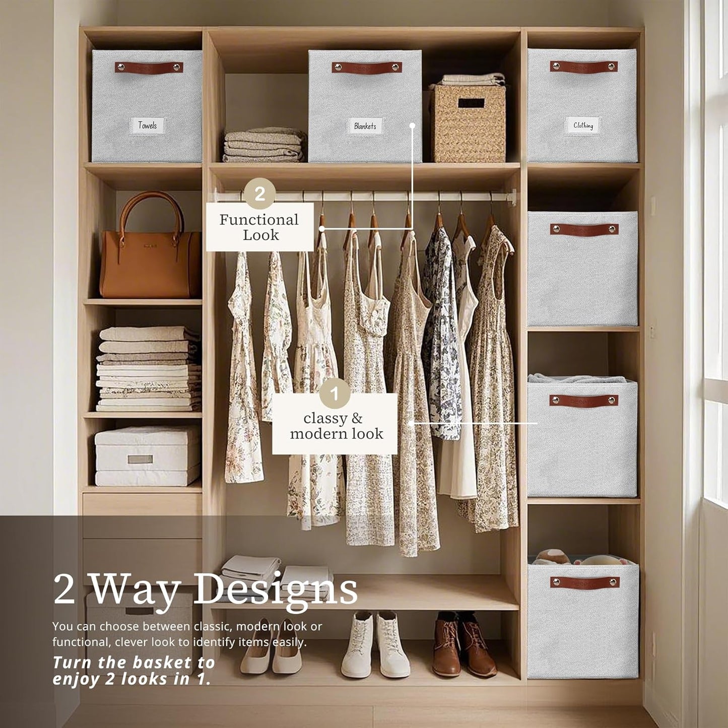 DECOMOMO Storage Bins, Cube Storage Bin with Labels, Fabric Storage Cubes for Shelves (11" / 6pcs, Light Texture Grey)