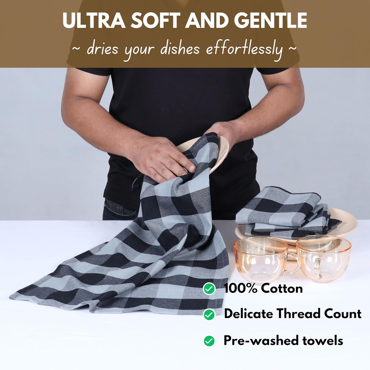 Native Fab 6 Pack Buffalo Check Kitchen Dish Towels, Cotton, Durable, Washable 16"x26" - Tea Towel, Soft Absorbent Cleaning Towels, Hand Towel with Hanging Loop - Black, Grey