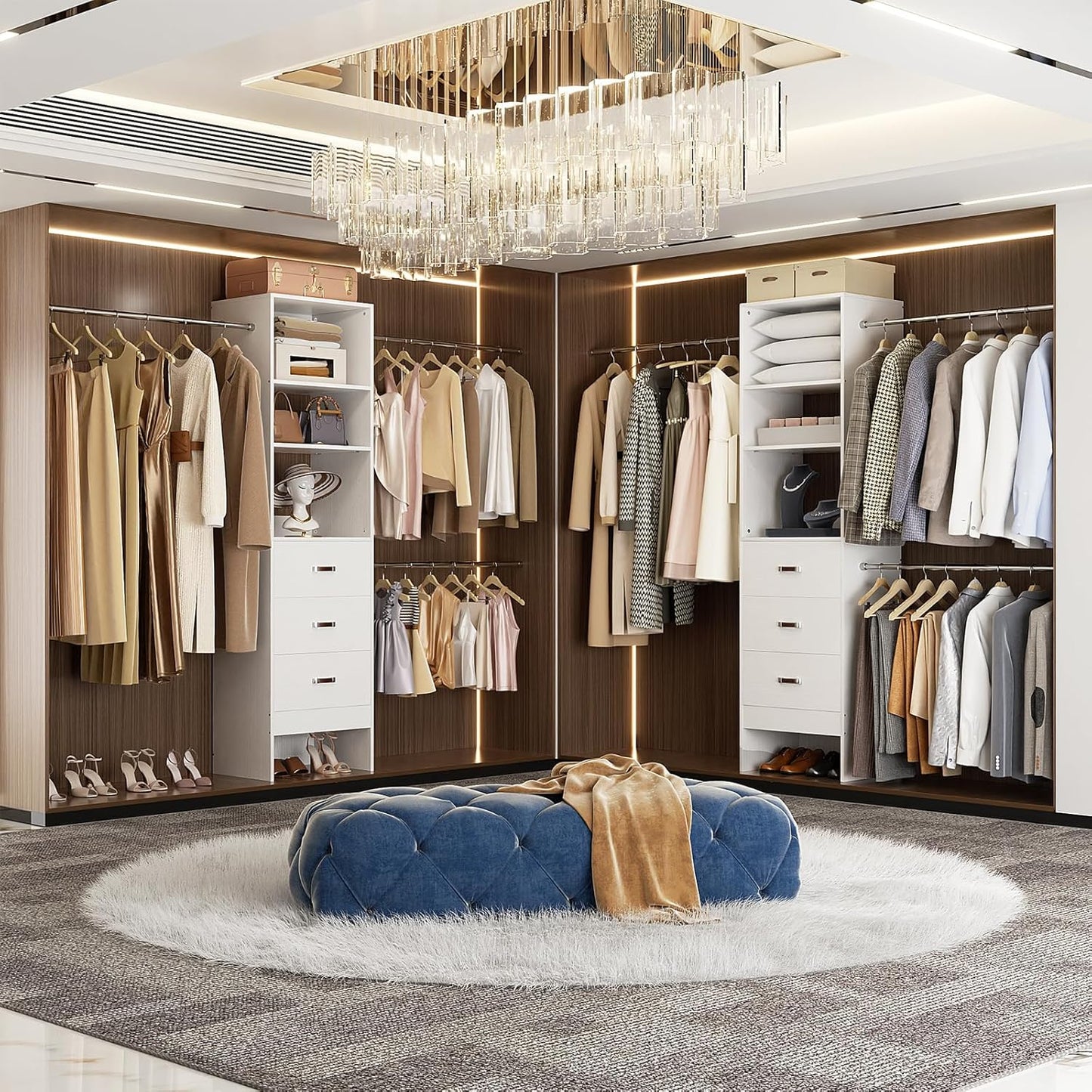 96'' Closet Organizer System with 3 Hanging Rods (Without 3 Storage Shelves), 8FT Closet Systems, Wall Mount Bedroom Wardrobe with 3 Wood Drawers, Adjustable Garment Rack from 5 to 8FT, White