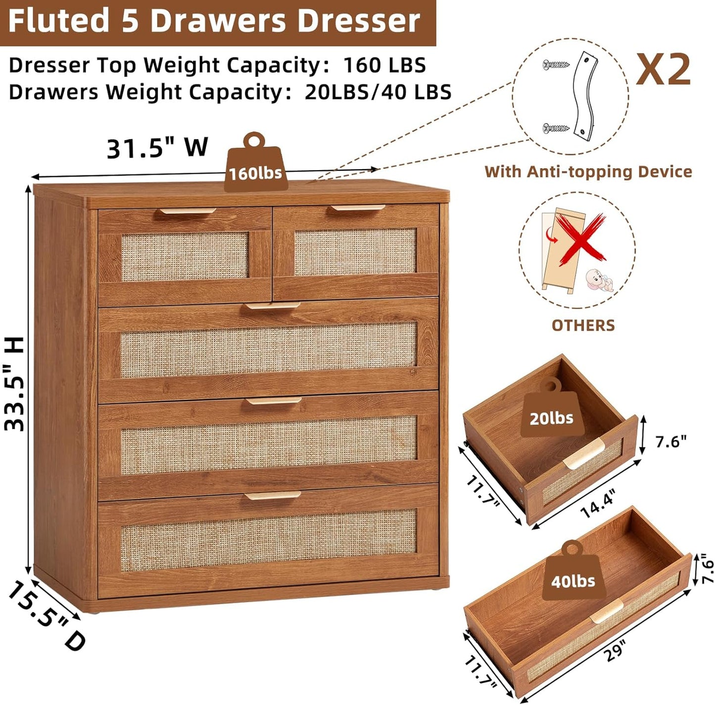 LEYAOYAO Rattan Dresser for Bedroom, 33.5" Tall Chest of Drawers, Modern 5 Drawers Boho Dressers with Storage, Vintage Brown Dresser Wooden Closet Organizer for Living Room, Hallway