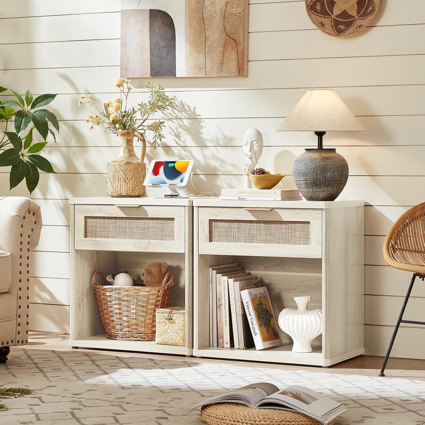 LEYAOYAO Rattan Nightstand with Charging Station, 23" Wide Boho Night Stand with Drawer, Grey White Bedside Table Open Storage Cabinet, Bed Side End Tables Dresser for Bedroom, Living Room, Hallway