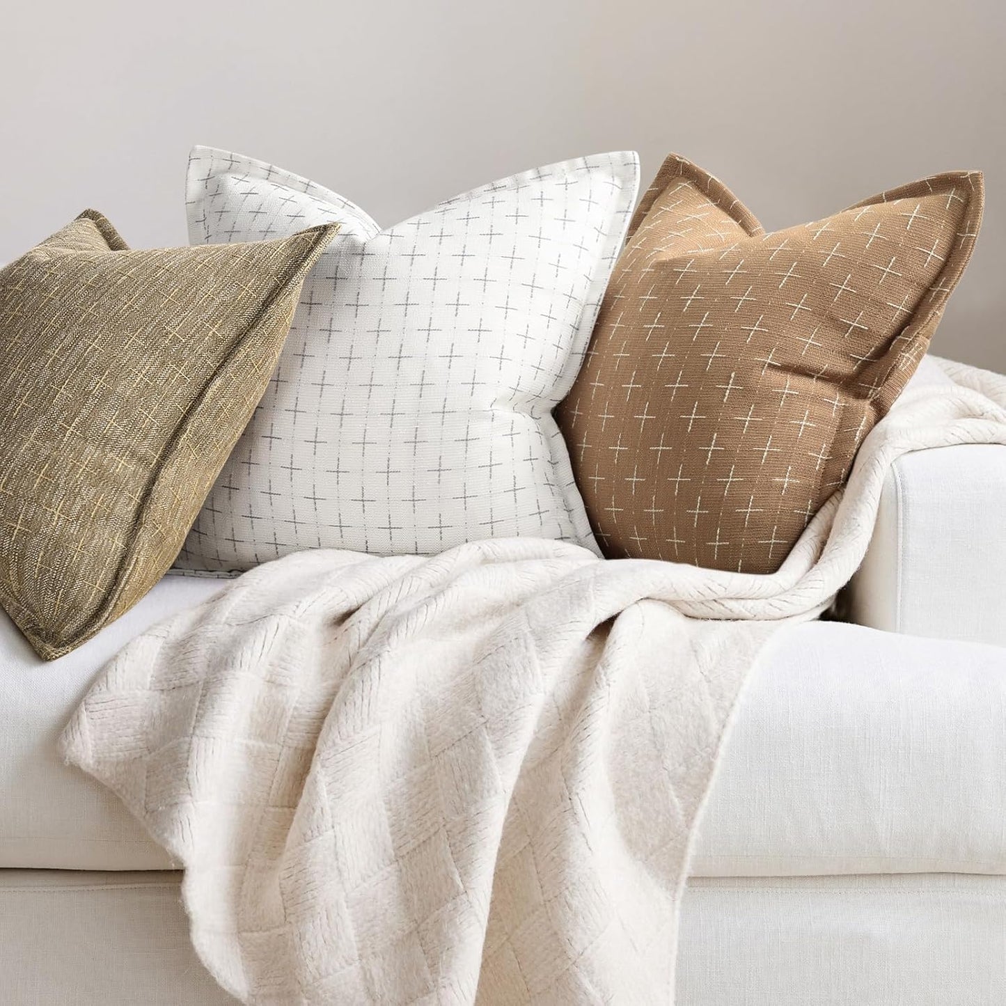 ZWJD Throw Pillow Pillow Covers 22x22 Set of 2 Soft Polyester Textured Pillow Covers with Stylish Flange Edge Cozy Farmhouse Throw Pillows for Couch Bed Sofa Living Room