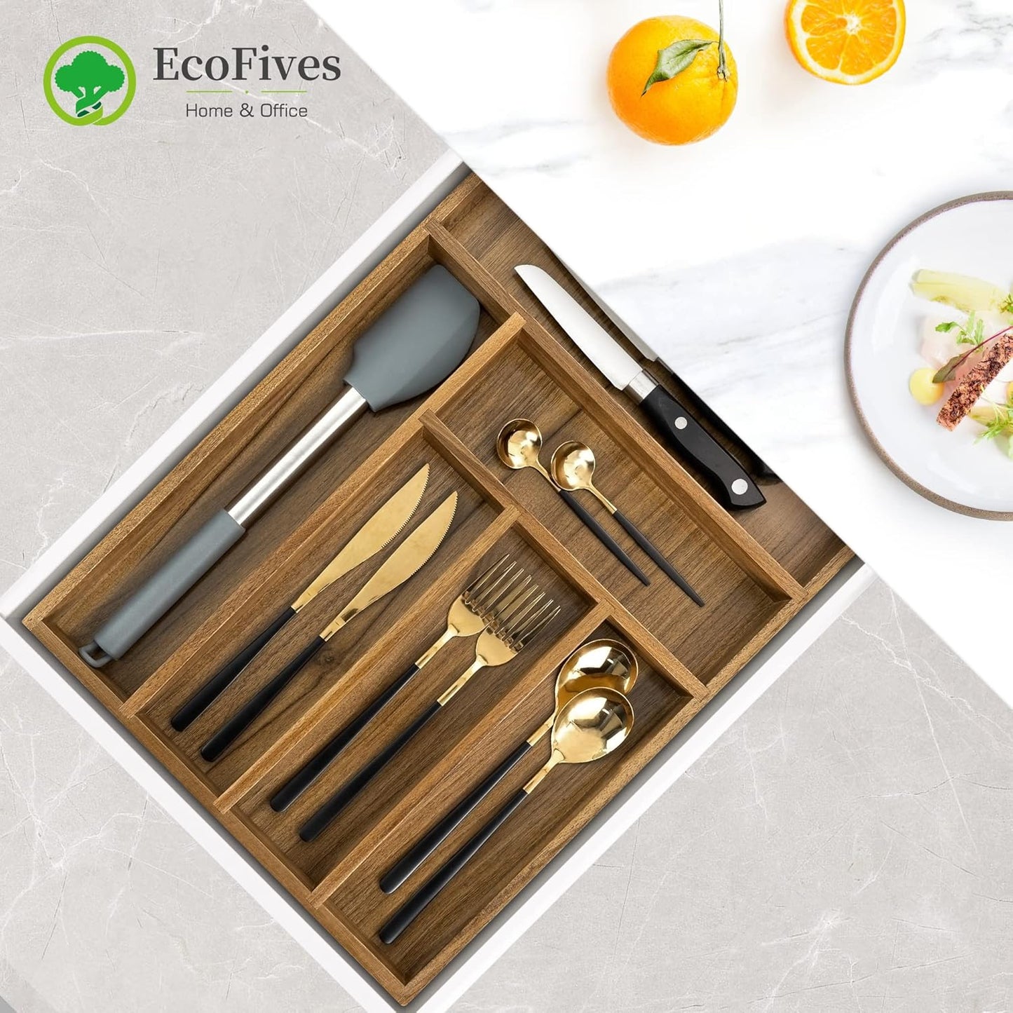 Luxury Acacia Kitchen Drawer Organizer - Silverware Organizer - Utensil Holder and Cutlery Tray with Grooved Drawer Dividers for Flatware and Kitchen Utensils (6 Slot)