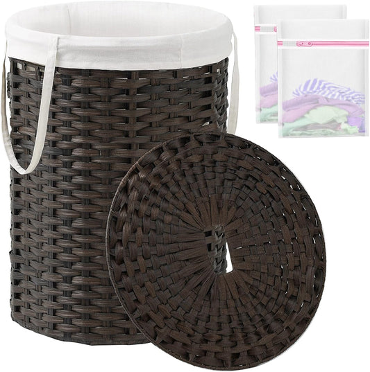 Laundry Basket with Lid Round Rattan Laundry Hamper with Lid and Handles 29.1 Gal (110 L) Handwoven Woven Basket with Removable Bags and 2 Mesh Bags for Bathroom Living Room Brown