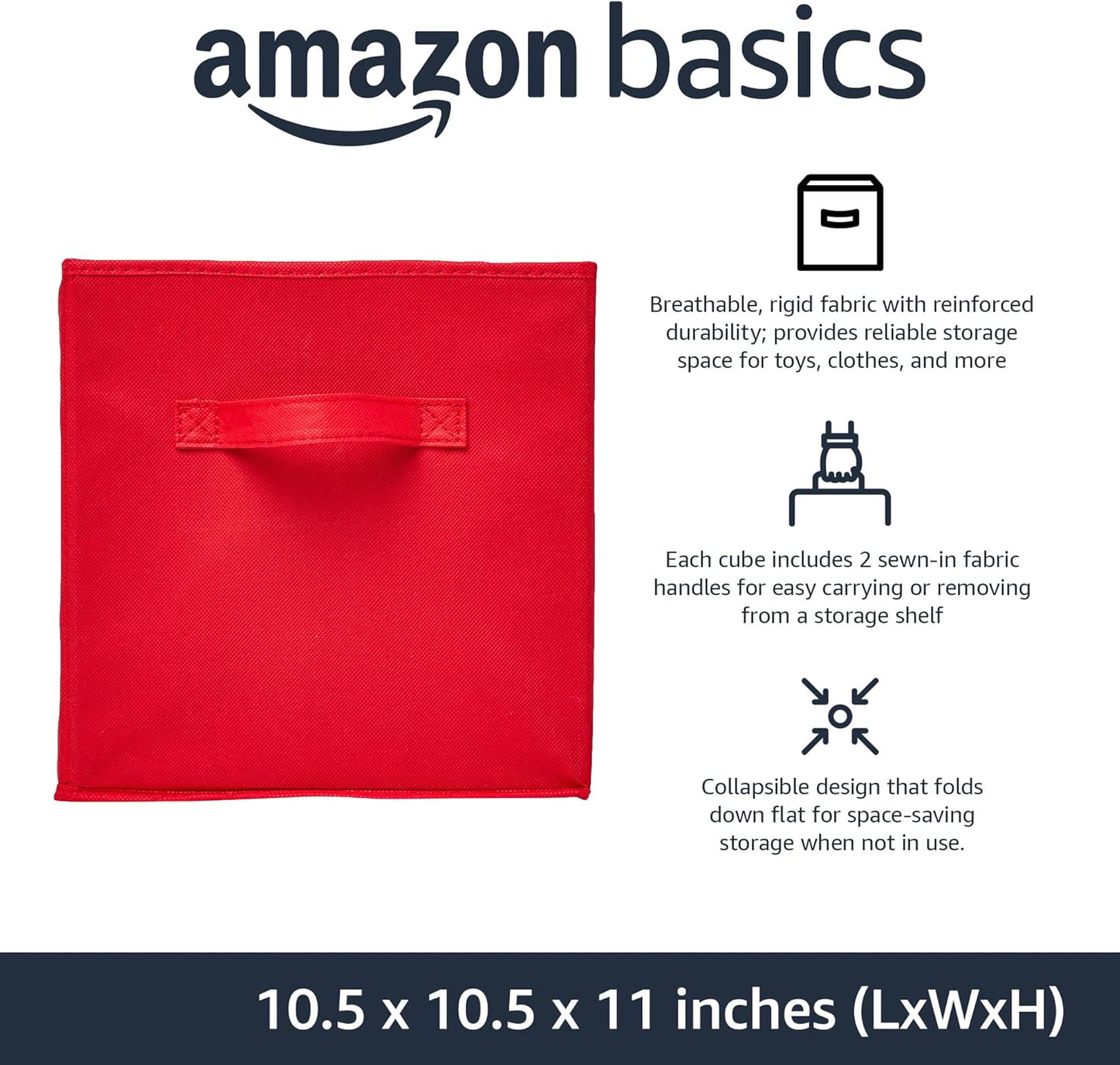 Amazon Basics Cube Organizer Storage Bins Handles, Collapsible Fabric, Pack of 30, 10.5"x10.5"x11", Red