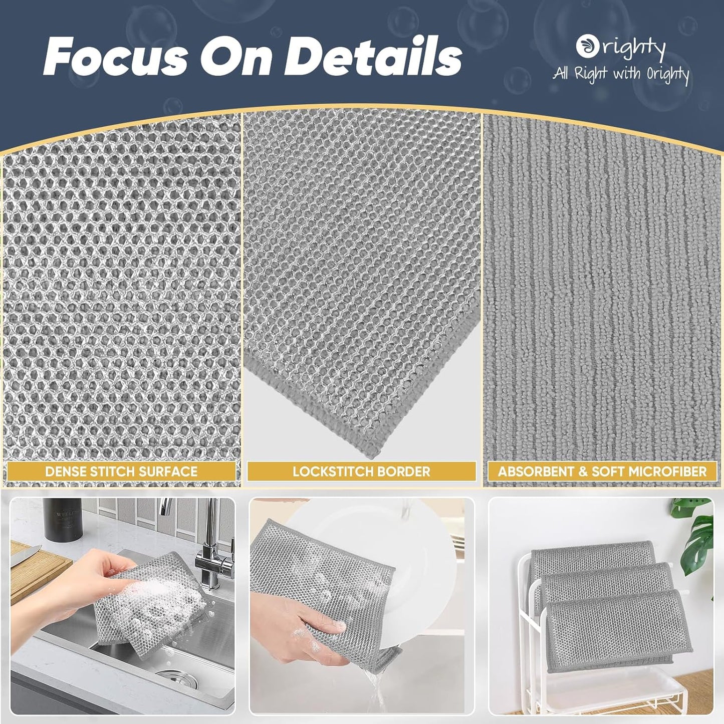 Orighty Multipurpose Wire Dishwashing Rag 12 Pcs, Upgraded Double-Layer Non-Scratch Wire Dish Cleaning Cloths, Reusable Steel Scrubber for Kitchen, Powerful Dishcloth Rag for Cookware, Grey, 7"x8"