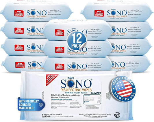 SONO Disinfecting Wipes - Medical-Grade, Alcohol-Free, No Bleach - Multi-Surface Cleaning Wipes for Home, School, Office - 12 packs with 80 wipes