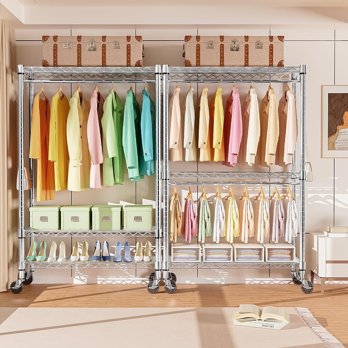 Heavy Duty Rolling Garment Rack 3 Tiers Adjustable Wire Shelving Clothes Rack with Rods and Side Hooks,Storage Closet Clothing Rack with Wheels Chrome 17.7" D x 47.2" W x 83.6" H