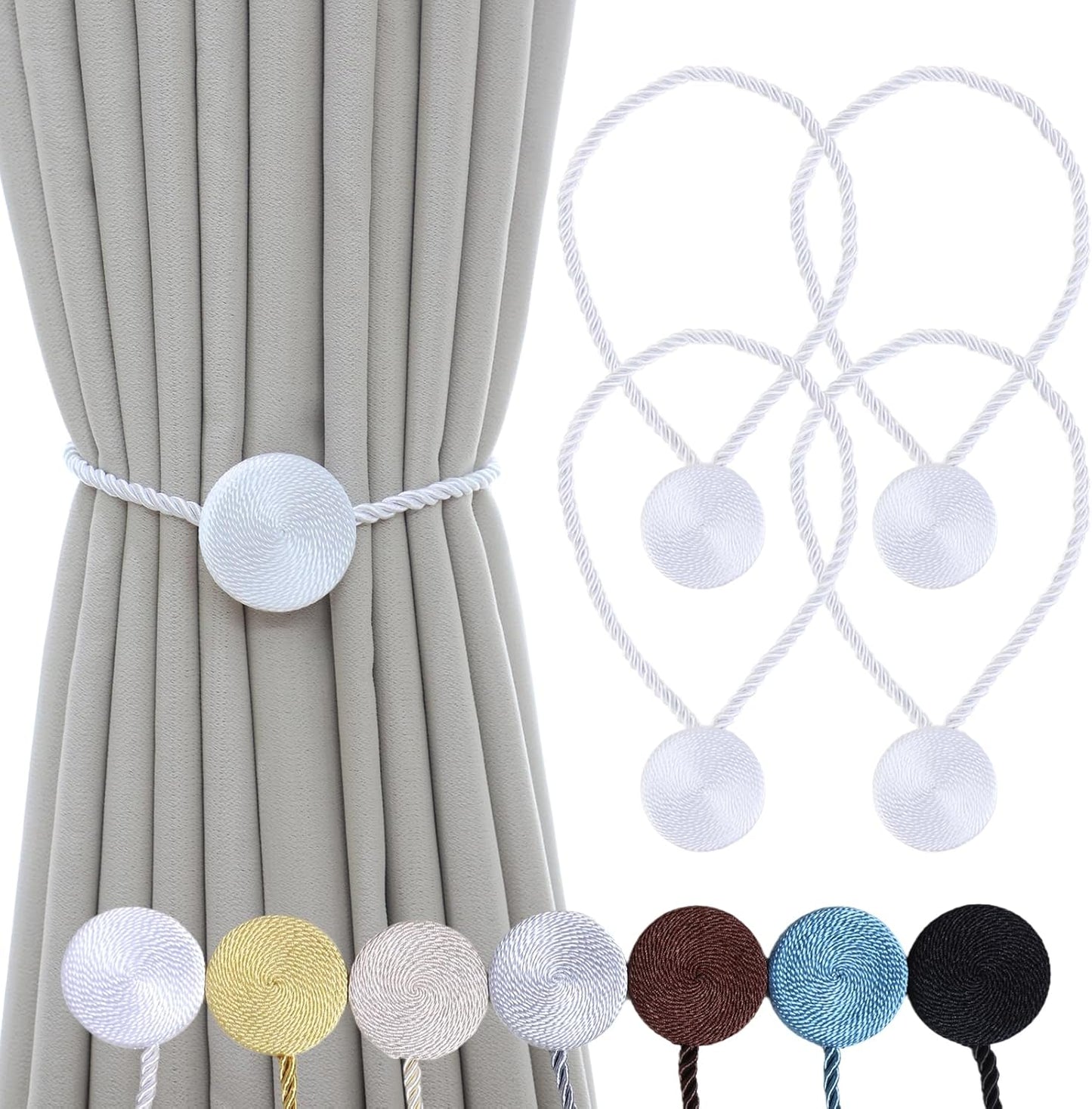 Magnetic Curtain Tiebacks - 12mm Magnetic Tie Backs for Curtains, Heavy Duty No Drill Curtain Holdbacks for Home/Office Windows Drapes, Elegant Gift-Ready Design 7 Colors (4, White)