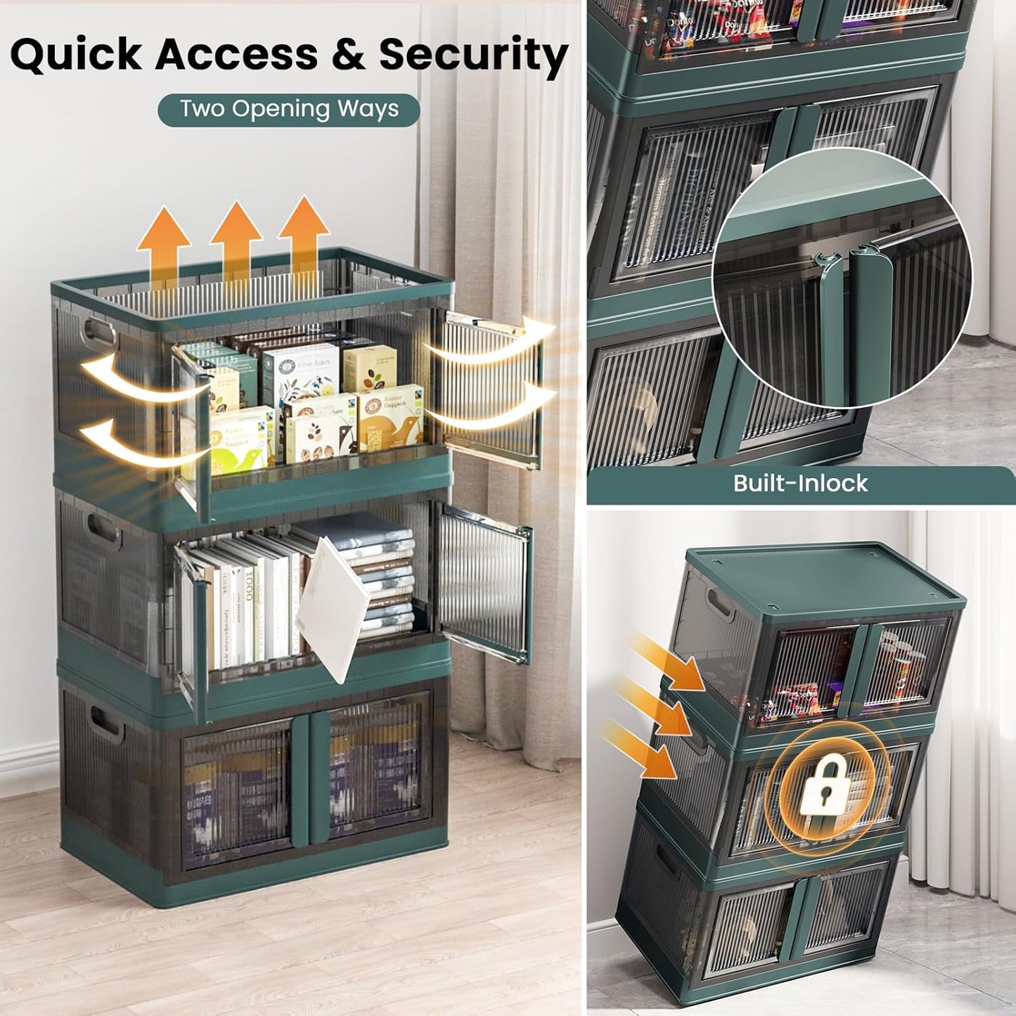 19Gal Collapsible Storage Bins with Lids & Wheels - 1 Pack Stackable with Doors, Heavy-Duty Plastic Containers for Home/Office, Green