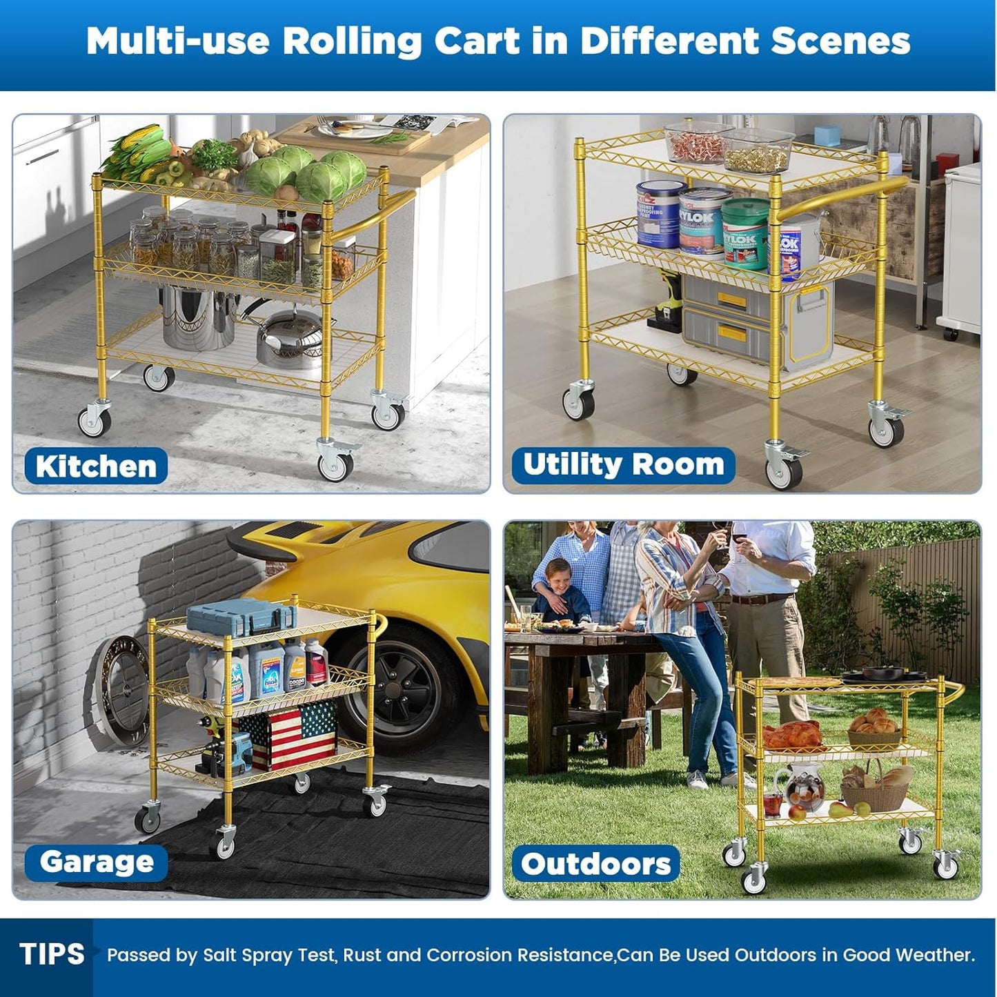 Leteuke 3 Tier Rolling Carts with Wheels,Heavy Duty Utility Bar Cart,NSF Commercial Grade Metal Cart with Handle&Shelf Liner,Trolley Serving Cart for Kitchen,Restaurant,Plant Display,Gold