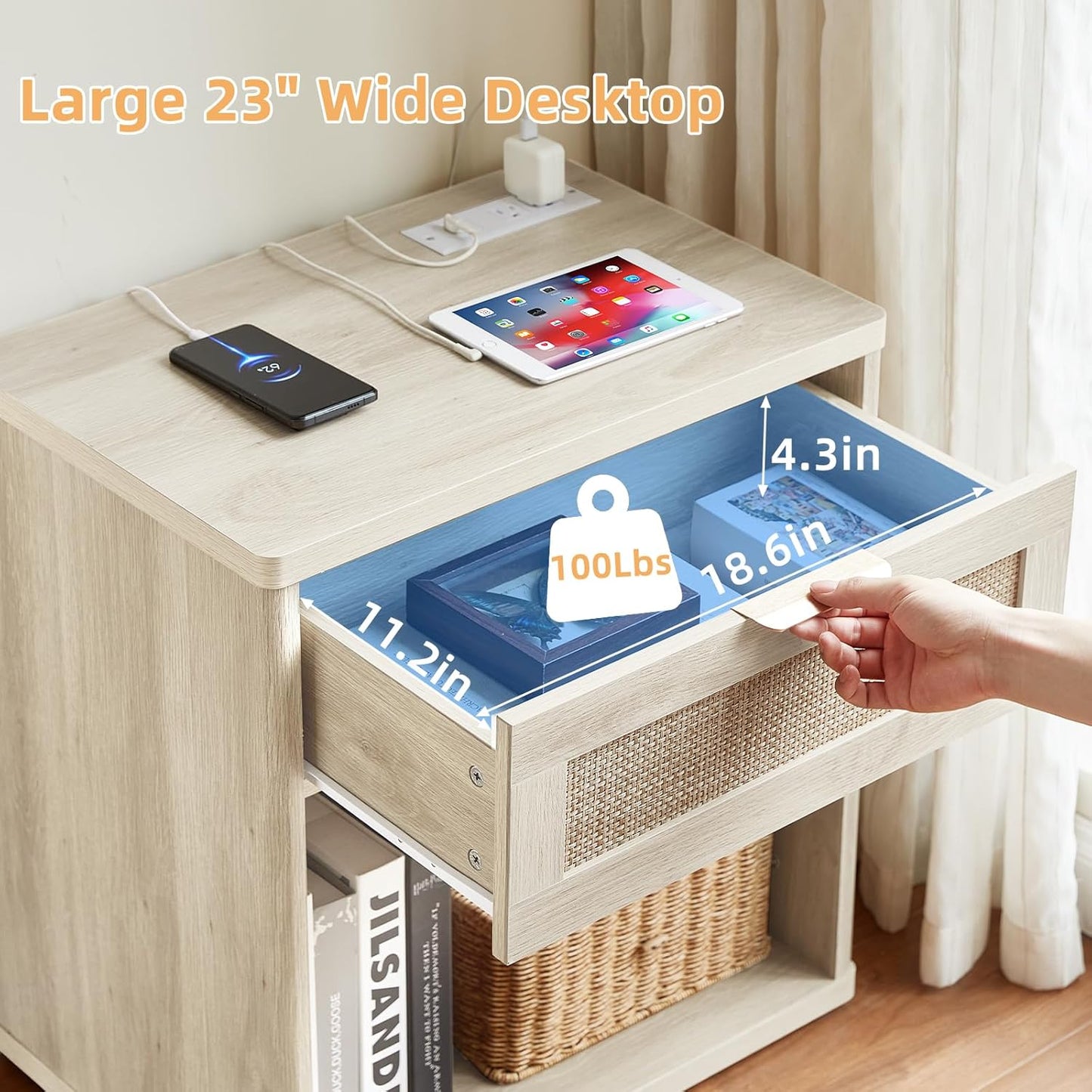 LEYAOYAO Rattan Nightstands Set of 2 with Charging Station, 23" Wide Boho Night Stand with Drawer, Grey White Bedside Table Open Cabinet, Bed Side End Table Dresser for Bedroom, Living Room, Hallway