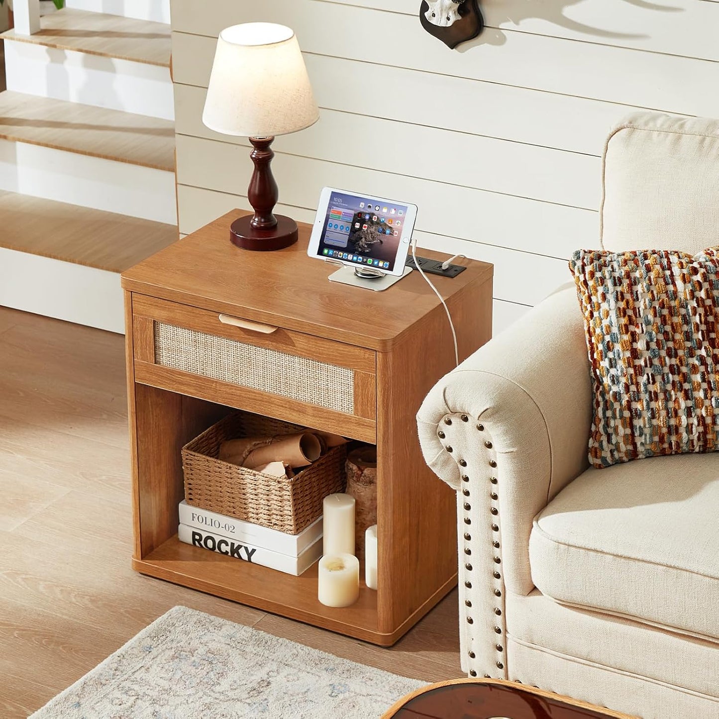 LEYAOYAO Rattan Nightstand with Charging Station, 23" Wide Boho Night Stand with Drawer, Natural Wood Bedside Table Open Storage Cabinet, Bed Side End Tables Dresser for Bedroom, Living Room, Hallway