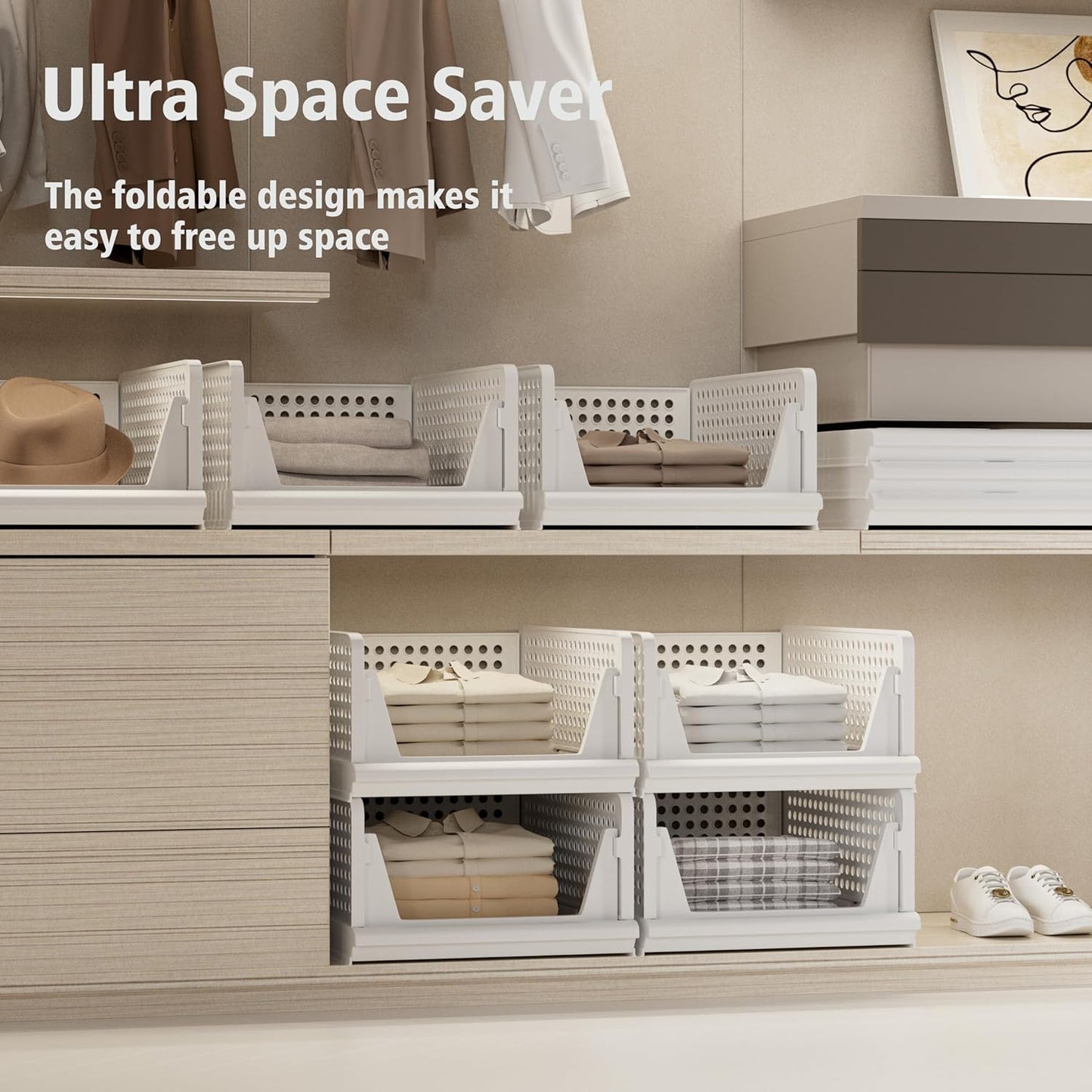 Proarea 4 Pack Stackable Plastic Storage Basket Closet Organizer Bin Foldable Clothes Organizer Storage Drawer Shelf Container for Living Room Bathroom Kitchen Office (4S)