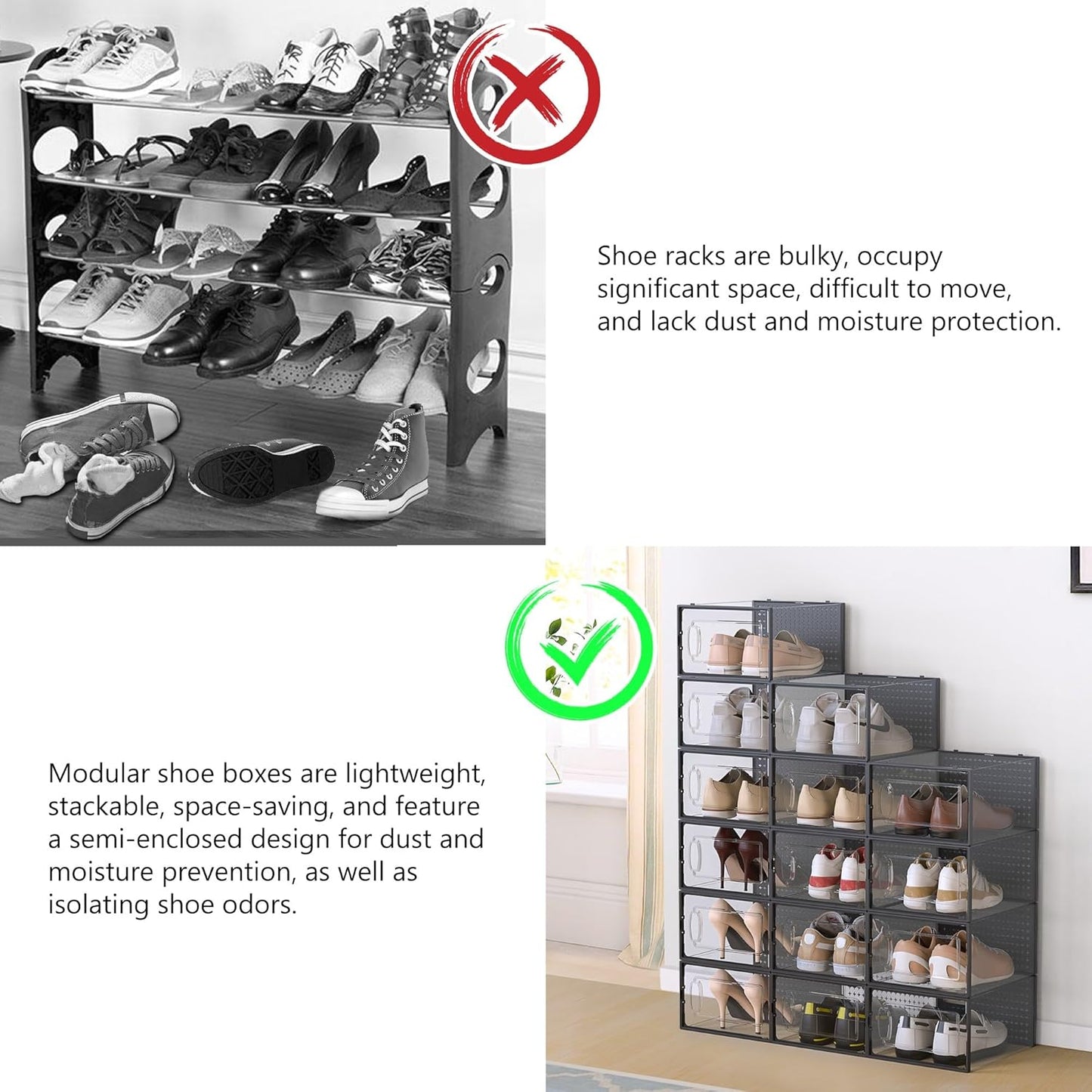 12 Pack X-Large Modular Clear Plastic Stackable Shoe Storage Organizer for Closet, Space Saving Versatile Sneaker Shoe Rack Containers Bins Holders, Portable Closet Organizers and Storage, Black02