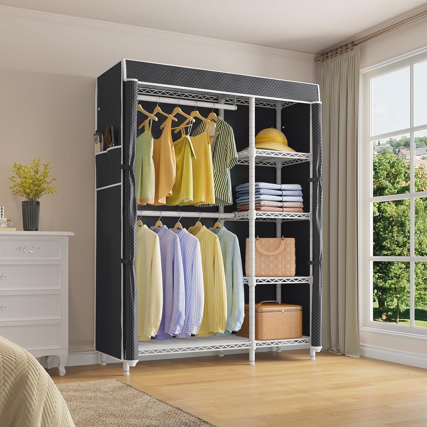 VIPEK V7C Garment Racks with Cover Portable Closets for Hanging Clothes, Heavy Duty Clothes Rack with Shelves Metal Closet Wardrobe, Max 670lbs, White Rack with Black Upgraded Polyester Cover