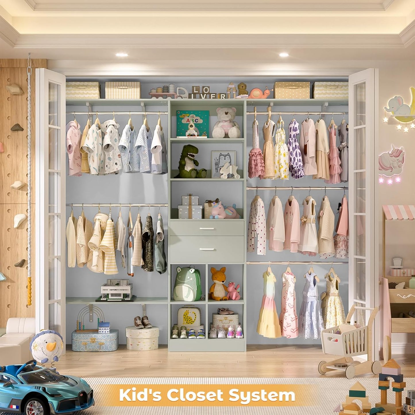 Closet System - 4.75-8FT Closet Organizer System with Wooden Drawers & Cube Storage Organizer, Up To 96" Closet Systems for Nursery & Walk-In Closets with Cuttable Hanging Shelving, Crab Green