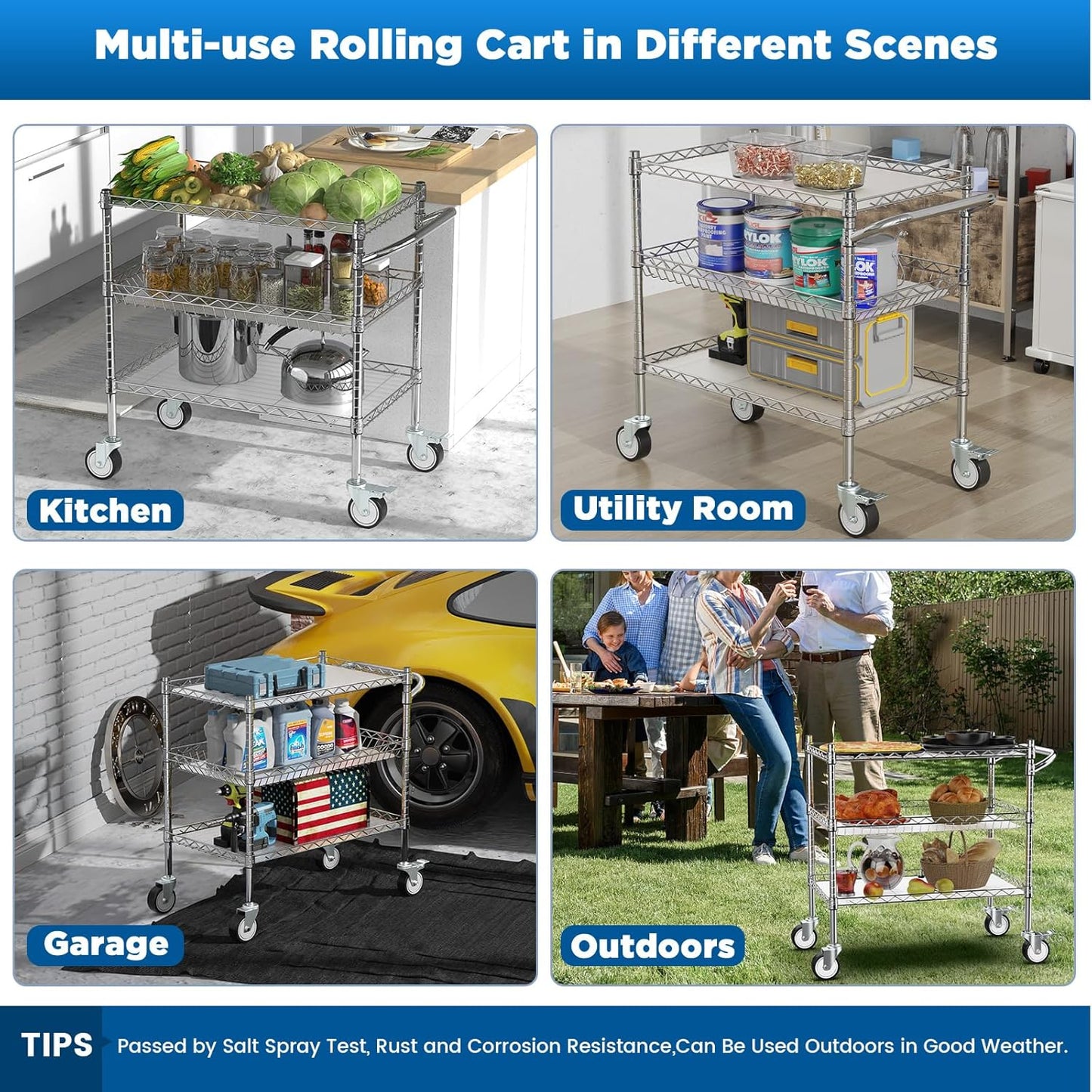 Leteuke Heavy Duty 3 Tier Rolling Utility Cart,NSF Certified 990Lbs Capacity Rolling Carts with Wheels,Commercial Grade Metal Cart with Handle Bar & Shelf Liner,Trolley Serving Cart for Kitchen,Chrome