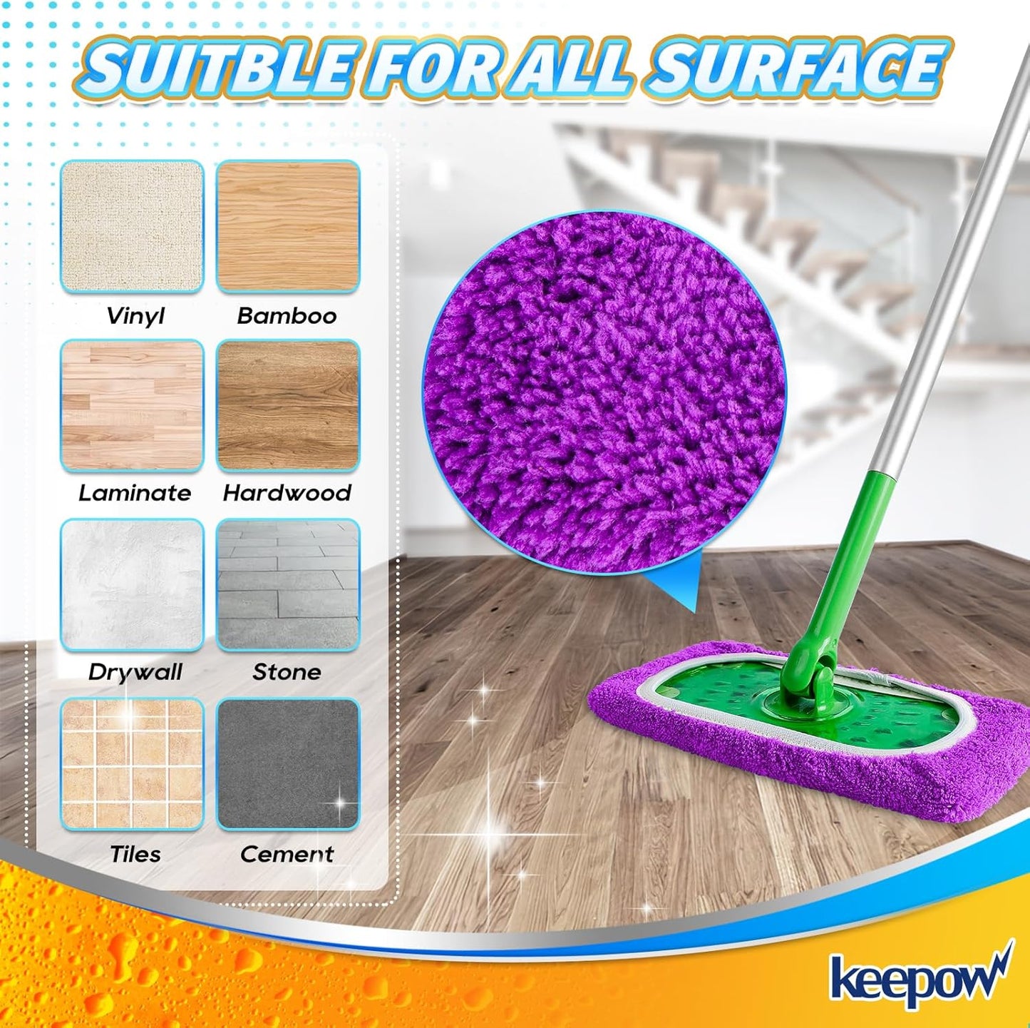 KEEPOW Reusable Microfiber Mop Pads for Swiffer Sweeper Mop, Washable Wet Pad Refills for Wet & Dry Use, Microfiber Dry Sweeping Cloths for Hardwood Floor Cleaning, 10 Pack (Mop is Not Included)