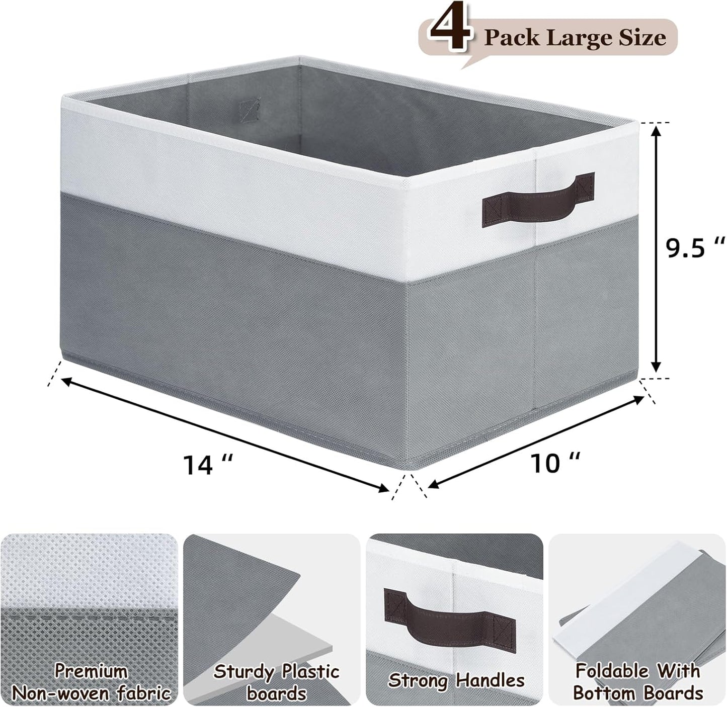 4 Pack Large Closet Storage Baskets Bins for Shelves | Fabric Closet Organizers and Storage with Handles Home Organization | Decorative Collapsible Baskets for Organizing Clothes Toy Nursery 14"x10"