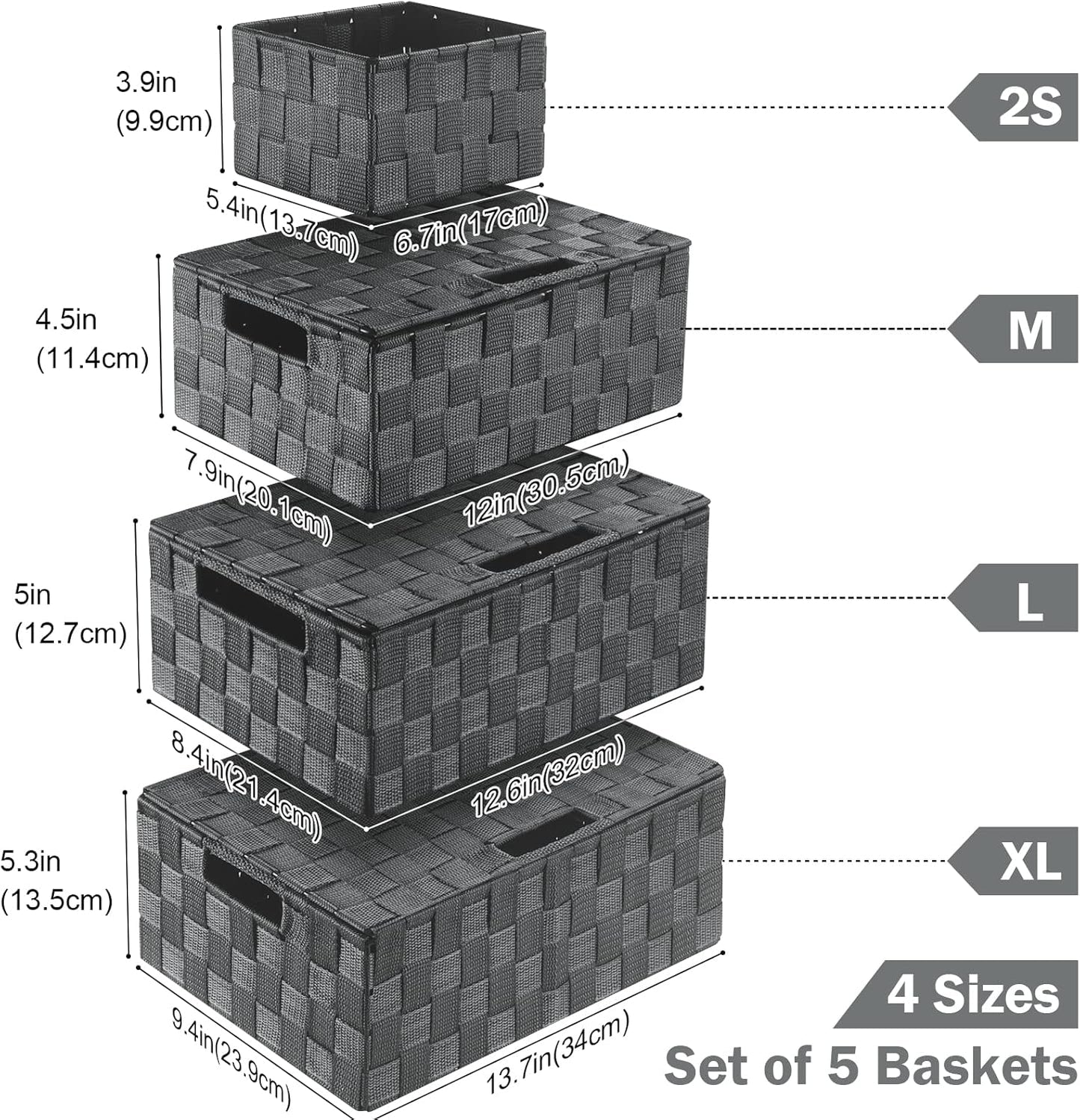 Storage Bins with Lids, Woven Storage Box Organizer Containers Decorative Baskets Cube for Clothes Bedroom Closet Office (5 Pack, Grey)