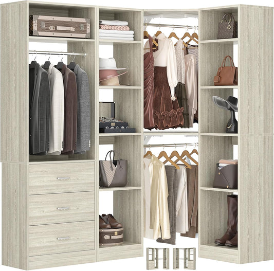 Corner Closet System with 3 Drawers, Corner Closet Organizer System with 13 Shelves & 3 Hanging Rods, 63.2"L * 39.2"W Reversible L Shaped Walk-in Closets, Load 2000+LBS, White Oak