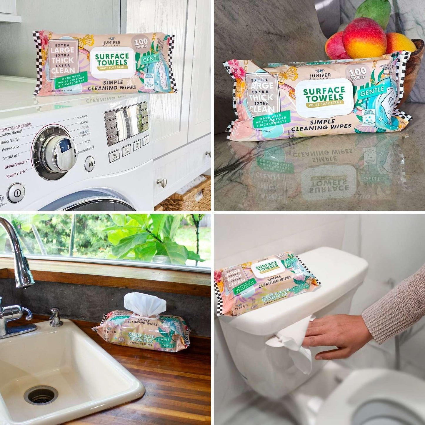 Single Surface Cleaning Wipes, Thick & Large Dispose, All-Purpose Cleaner for Bathroom, Kitchen, Office, 100 Count Soft Flow, Biodegradable, White Soap Scent