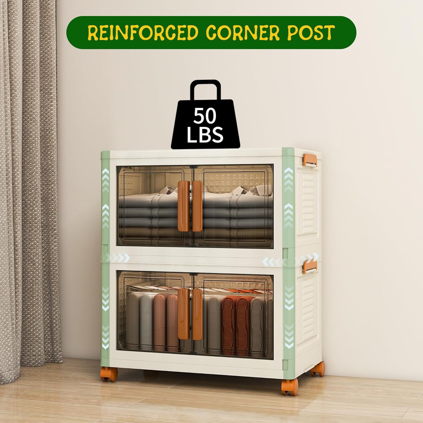 2 Tier Stackable Plastic Storage Bins with 1 Lid 45 QT/Tier, Collapsible Plastic Box Storage Bin with Wheels, Home Containers Boxes Closet Organizers for Living Room, Office, Dorm