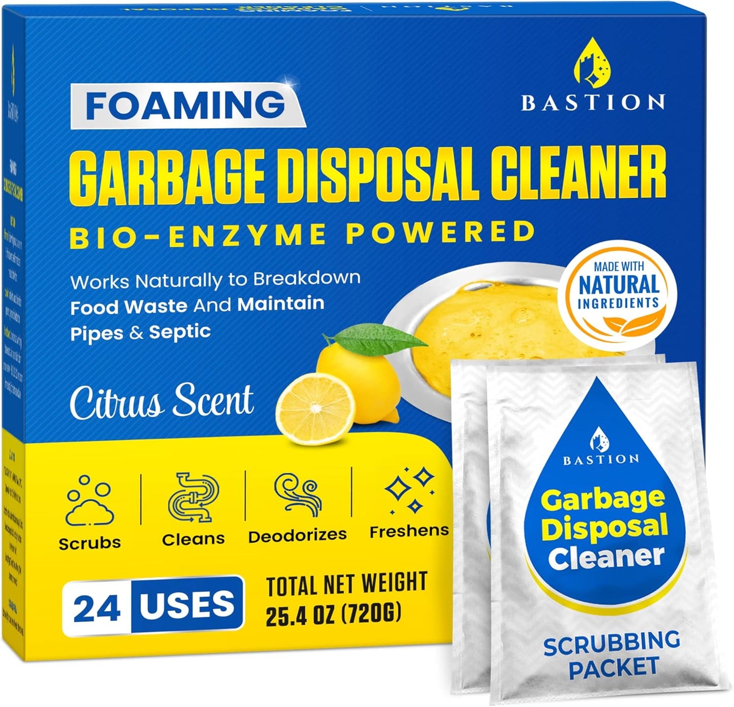 Garbage Disposal Cleaner and Deodorizer - 24-Count (1-Year Supply) Foaming Lemon Scented Kitchen Sink Freshener Pods & Drain Odor Eliminator Disposer Care by Bastion