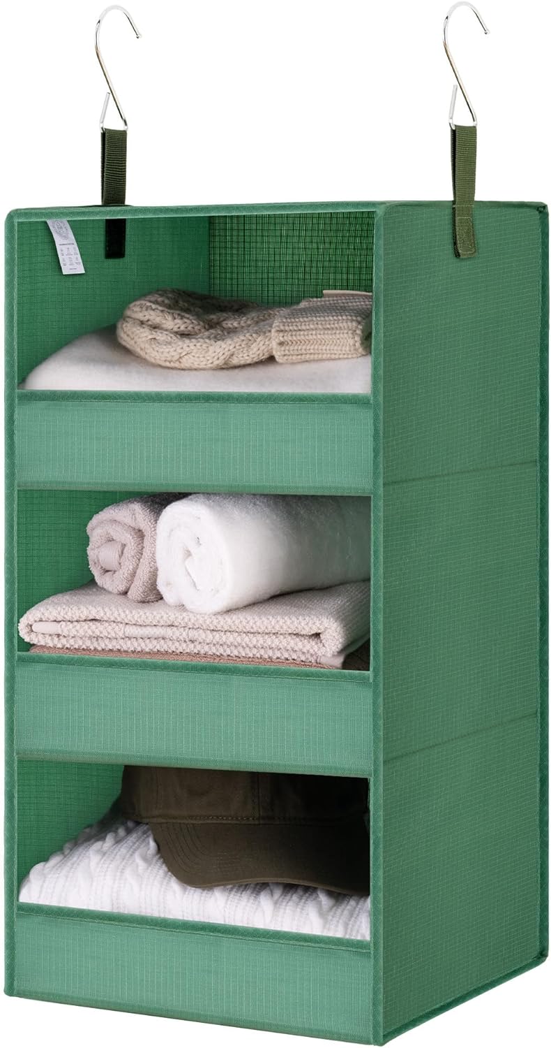 GRANNY SAYS 3-Shelf Closet Organizers and Storage, Foldable Hanging Closet Organizer, Hanging Closet Shelves with 2 Metal Hooks, Leak-Proof Closet Storage for Sweater, Clothes Organizer, Dark Green