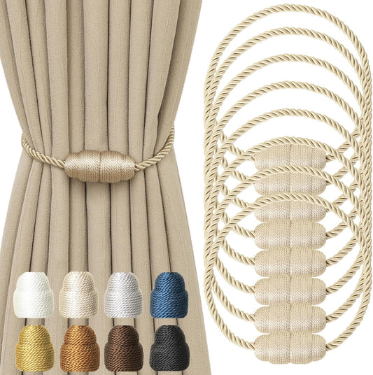 Magnetic Curtain Tiebacks Rope Curtain Tie Backs for Curtains 8 Pack Curtain Holders for Drapes Decorative Window Curtain Holdbacks, Beige