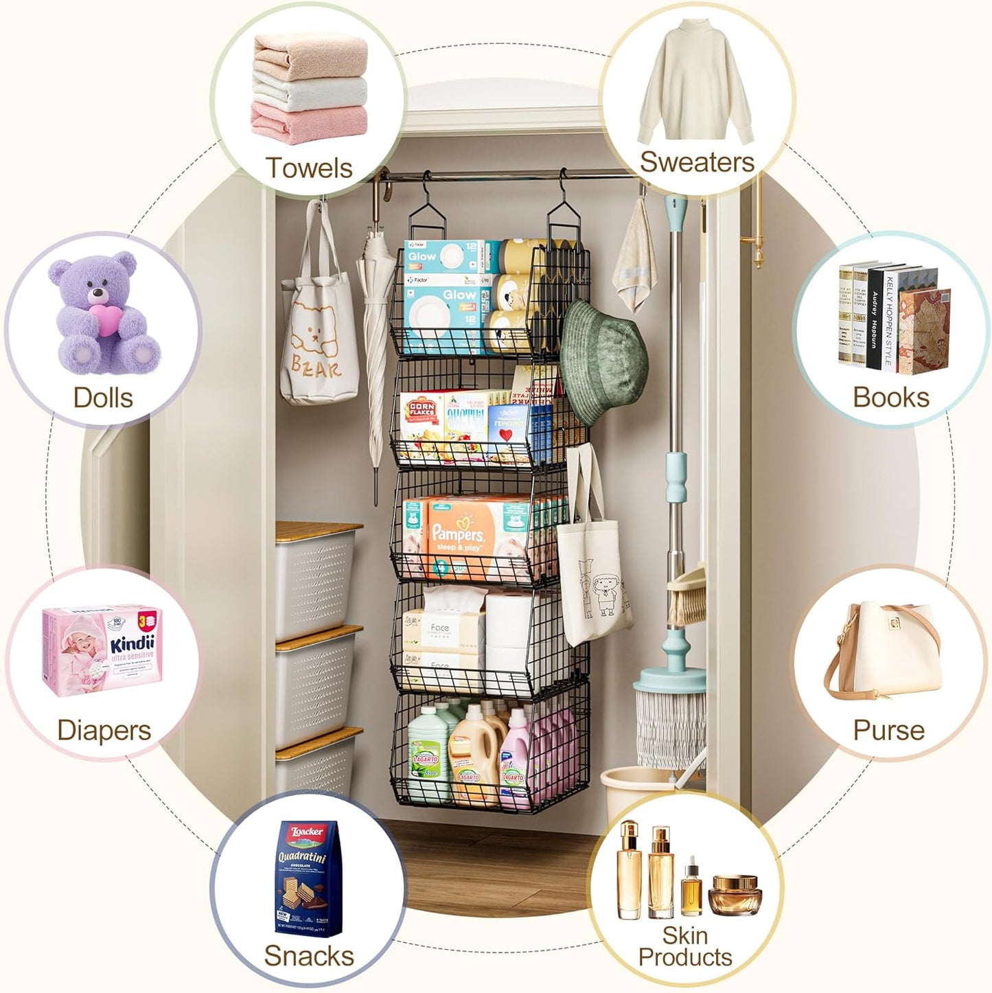 Deeper 4'' Design 5 Tier Foldable Hanging Closet Organizer and Storage，Wire Cabinet Shelves and Rack with 5 S Hooks,Stackable Metal Basket Bins for Clothes Shoe Purse,Holder for Wardrobe Dorm,Black