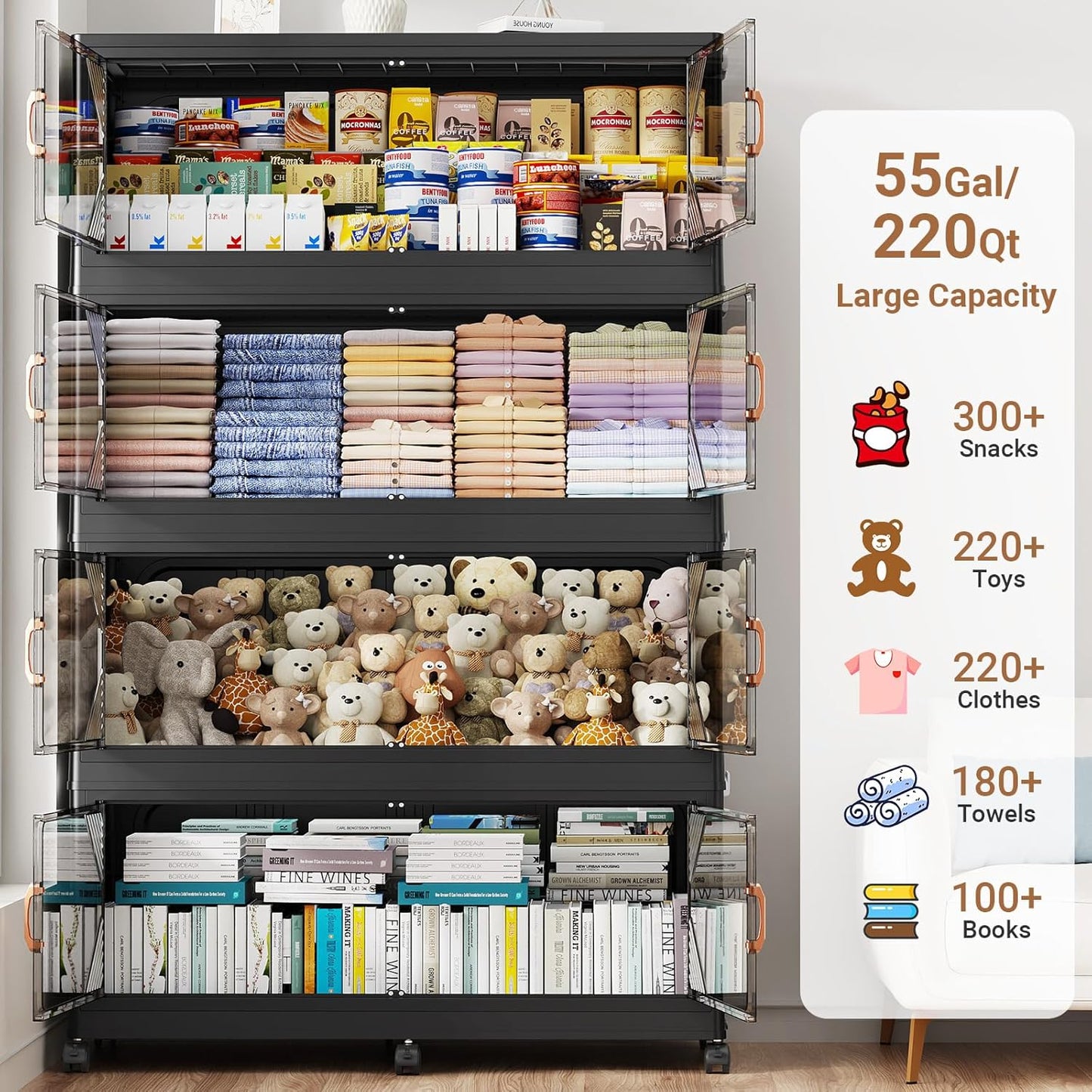 165Gal Plastic Stackable Storage Bins with Lid, 660QT Extra Large Closet Organizers Collapsible Cabinets Boxes With Drawers, Foldable Containers with 6x Wheels for Home Kitchen, V60 3Pack Black