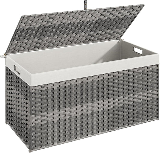 HOOBRO Storage Basket with Lid, 52.8 Gallon (200L) Wicker Basket, Handwoven Blanket Storage Basket with Handles, Metal Frame and Soft Lining, Foldable for Bedroom, Laundry Room, Gray GY220CW01