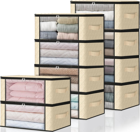 HomeHacks Storage 10-Pack Clothes Organizer Storage Bags Foldable Storage Box with Large Clear Window Sturdy Handles for Closet, Dorm, Pillows, Bedding, Clothes, Blankets, 35L, Beige