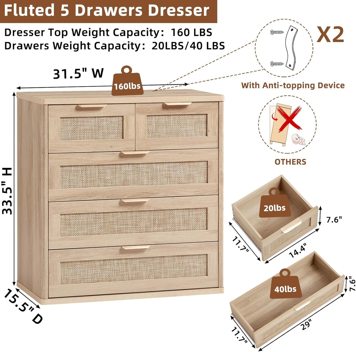 LEYAOYAO Rattan Dresser for Bedroom, 33.5" Tall Chest of Drawers, Modern 5 Drawers Boho Dressers with Storage, Light Oak Dresser Wooden Closet Organizer for Living Room, Hallway, Natural Wood