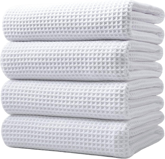 POLYTE Microfiber Oversize Quick Dry Lint Free Bath Towel, 60 x 30 in, 4 Pack (Waffle Weave)